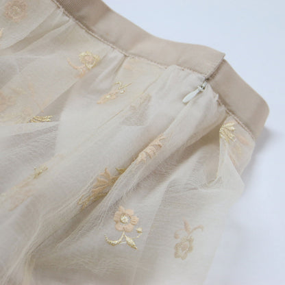 オーガンジー 刺繍 ギャザー スカート / ロング ラメ糸 花柄