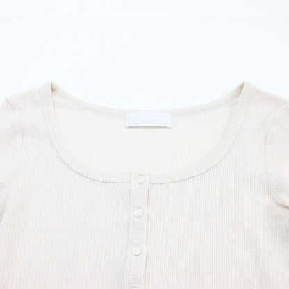 24春夏 ヘンリーネック ロングスリーブ Tシャツ / カットソー 長袖 Uネック リブ コットン