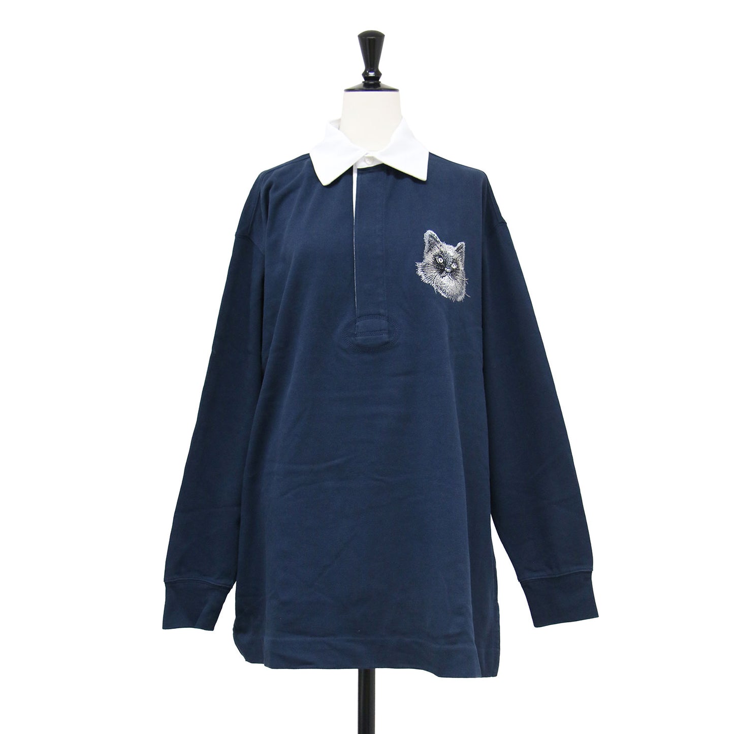 25春夏 キャット オーバーサイズ ラグビー ポロシャツ / 長袖 襟付き 猫 刺繍 コンビ コットン