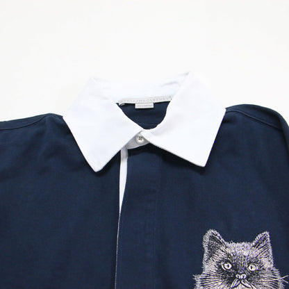 25春夏 キャット オーバーサイズ ラグビー ポロシャツ / 長袖 襟付き 猫 刺繍 コンビ コットン