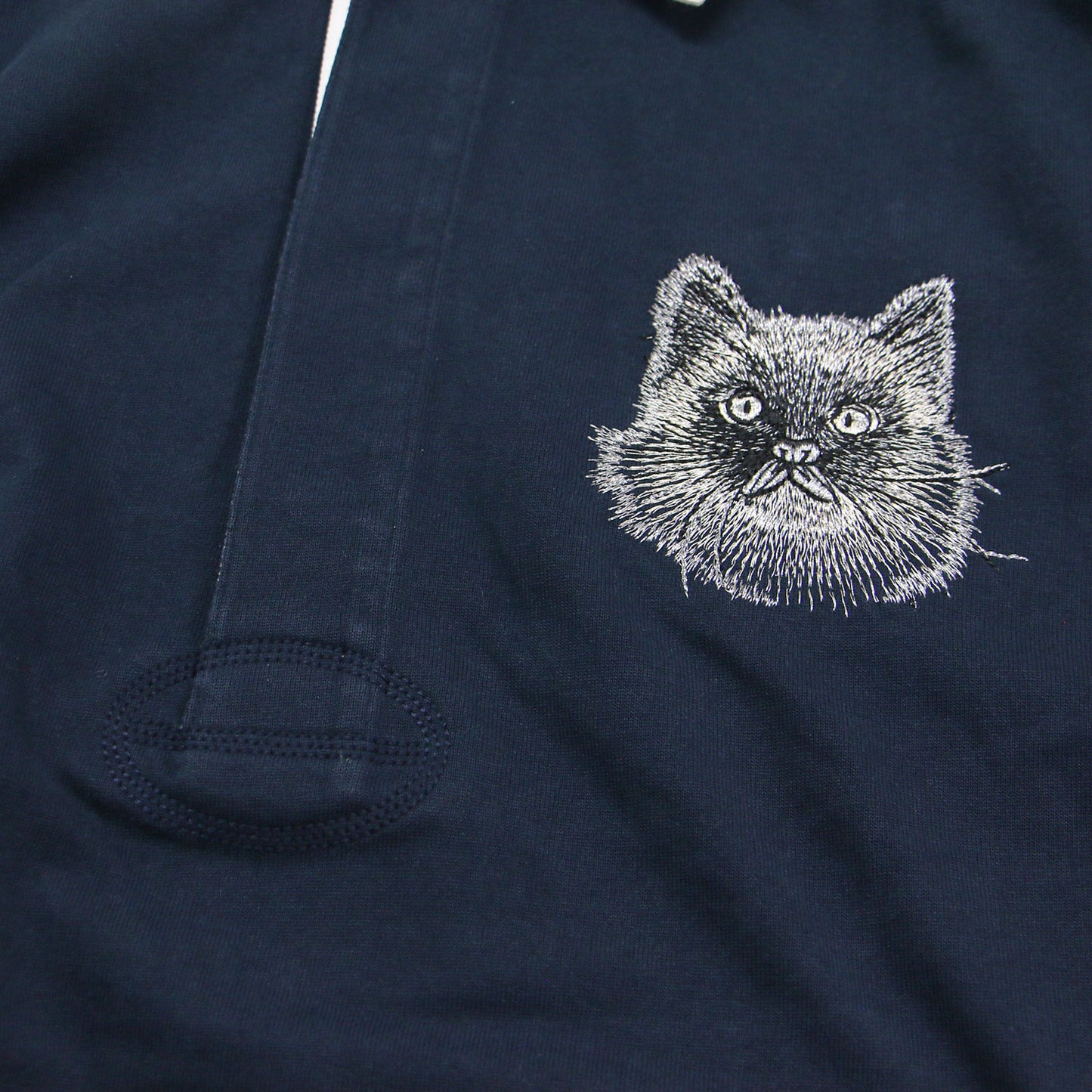 25春夏 キャット オーバーサイズ ラグビー ポロシャツ / 長袖 襟付き 猫 刺繍 コンビ コットン