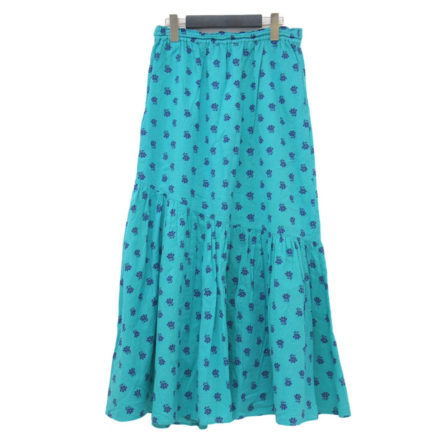 フラワー プリント スカート / Cotton Dobby Stripe Flower Print Skirt ロング丈 ティアード Aライン フレア 花柄 ウエストゴム ドローコード コットン