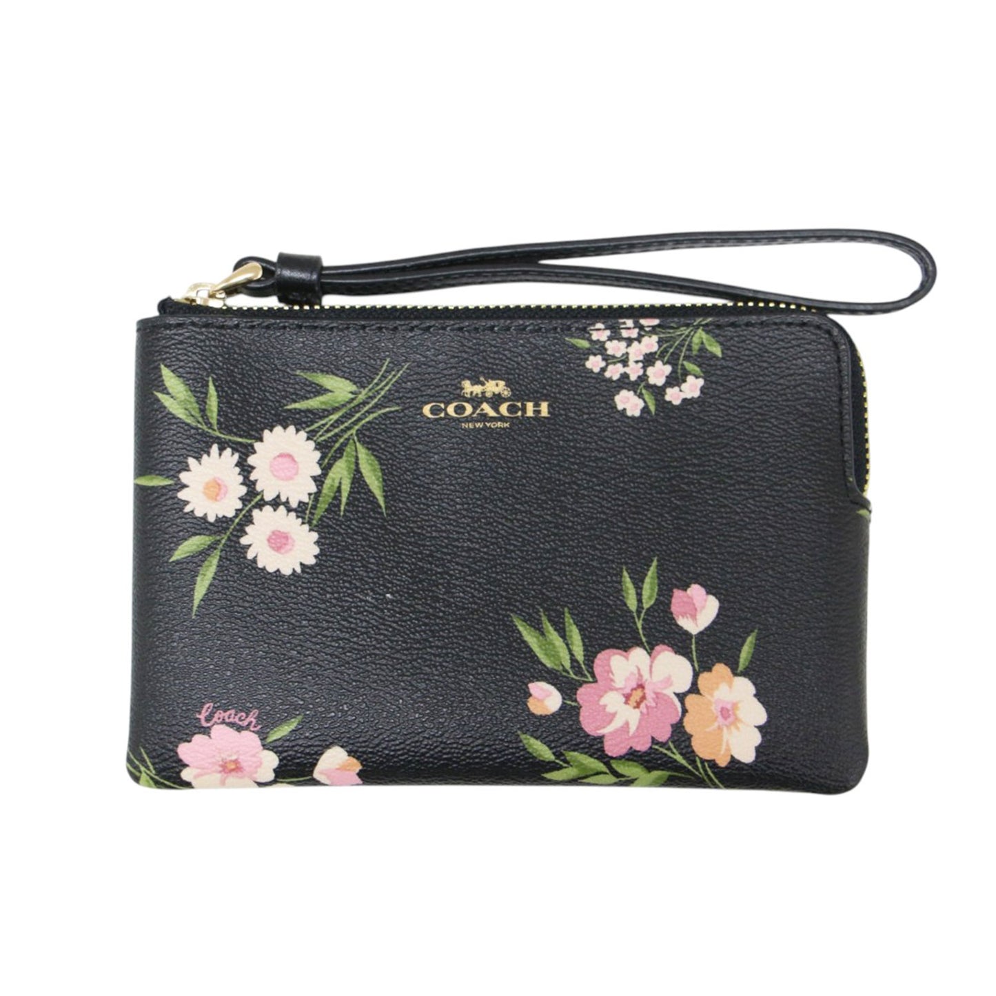 ロゴ 花柄プリント ハンドポーチ / リストレット L字ファスナー ミニウォレット 短財布