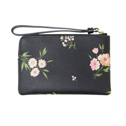 ロゴ 花柄プリント ハンドポーチ / リストレット L字ファスナー ミニウォレット 短財布