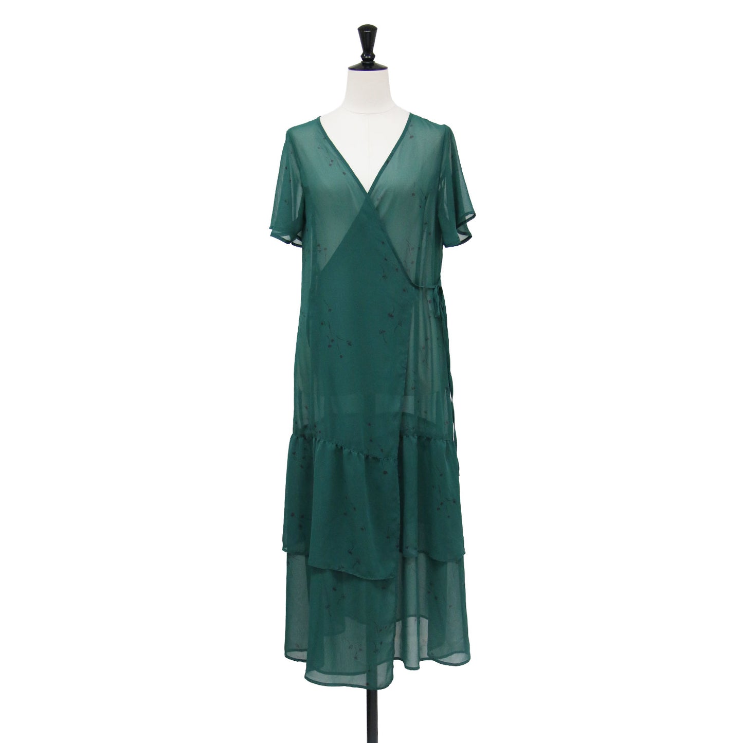 フローラル シフォン ラップドレス / Wrap Dress Poly Chiffon Floral Printed ワンピース Aライン フレア Vネック 半袖 ティアード シアー フラワープリント 花柄 ウォッシャブル