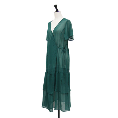 フローラル シフォン ラップドレス / Wrap Dress Poly Chiffon Floral Printed ワンピース Aライン フレア Vネック 半袖 ティアード シアー フラワープリント 花柄 ウォッシャブル