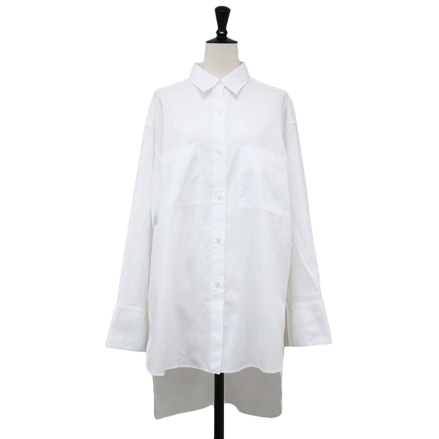 長袖ワイドロングシャツ / プルオーバー ワイド 長袖 ドロップショルダー アシンメトリーヘム タック シェルボタン コットン