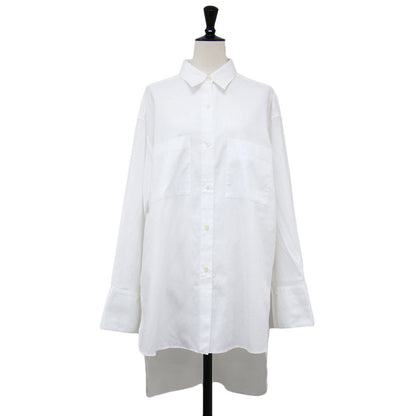 長袖ワイドロングシャツ / プルオーバー ワイド 長袖 ドロップショルダー アシンメトリーヘム タック シェルボタン コットン