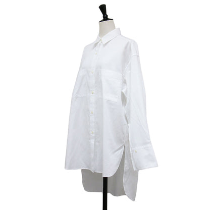 長袖ワイドロングシャツ / プルオーバー ワイド 長袖 ドロップショルダー アシンメトリーヘム タック シェルボタン コットン