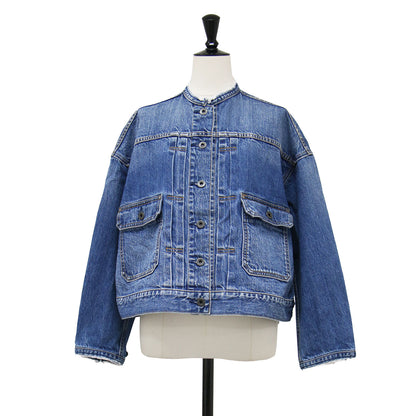 5 1/2 2ND-LINE CROP DENIM ジャケット / クロップド丈 ノーカラー オーバーサイズ フラップポケット カットオフ タック コットン