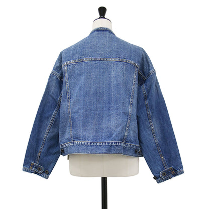 5 1/2 2ND-LINE CROP DENIM ジャケット / クロップド丈 ノーカラー オーバーサイズ フラップポケット カットオフ タック コットン