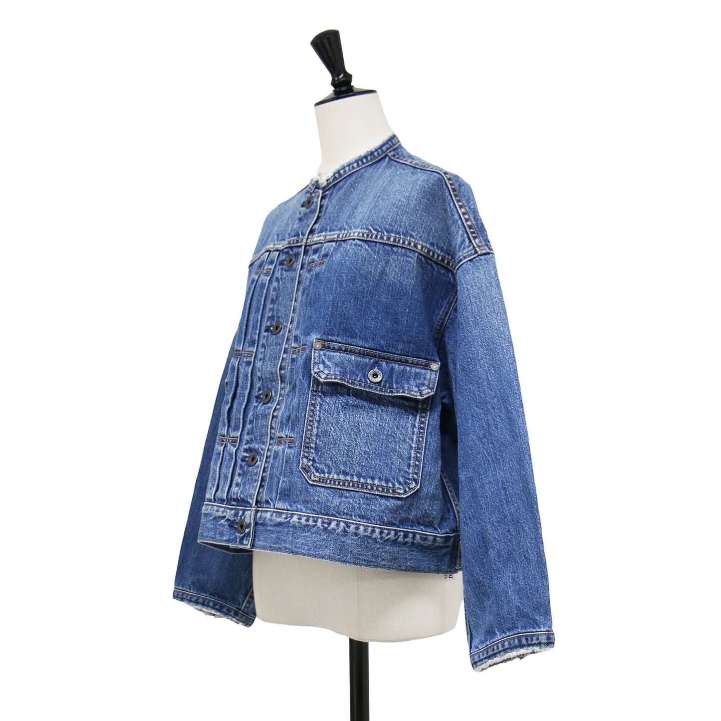 5 1/2 2ND-LINE CROP DENIM ジャケット / クロップド丈 ノーカラー オーバーサイズ フラップポケット カットオフ タック コットン