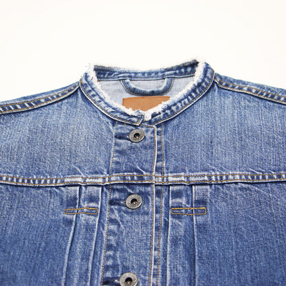 5 1/2 2ND-LINE CROP DENIM ジャケット / クロップド丈 ノーカラー オーバーサイズ フラップポケット カットオフ タック コットン