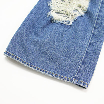 25春夏 クラッシュ デニムパンツ / ワイド ダメージ加工 タックボタン 刺繍 コットン