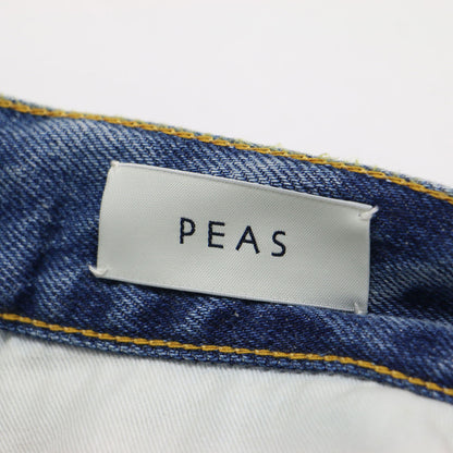 25春夏 PEAS クラッシュデニムスカート / ロングスカート Aライン フレア 刺繍 ダメージ加工 バックスリット コットン