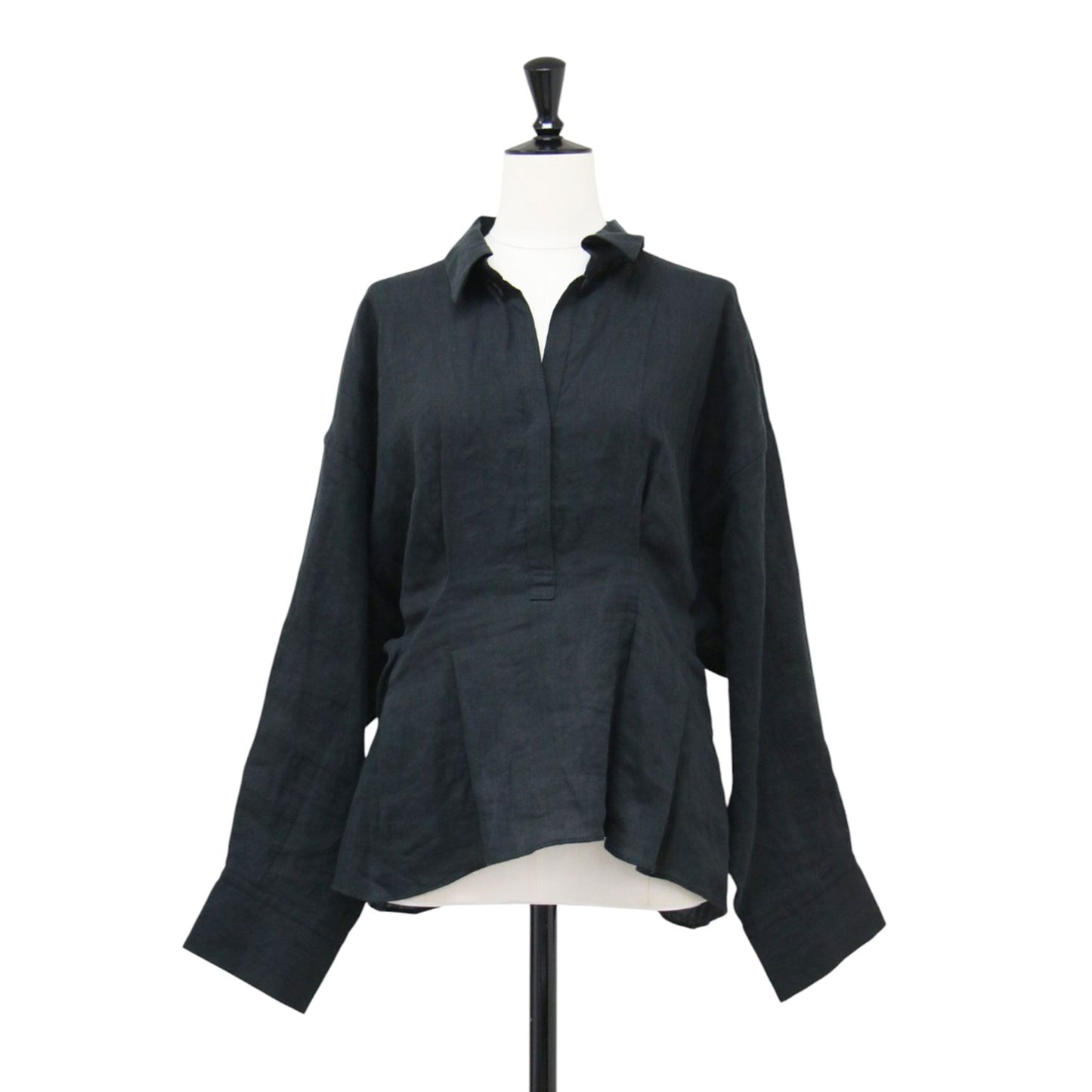 25春夏 リネンウエストシェイプシャツ / ブラウス スキッパーネック 長袖 ドロップショルダー ドルマンスリーブ 比翼ボタン リネン ウォッシャブル