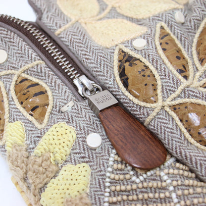 フラワーモチーフ 刺繍 トートバッグ / バッグ ツーハンドル 花柄 ビーズ スパンコール ワッペン 凹凸 ツイード レザー