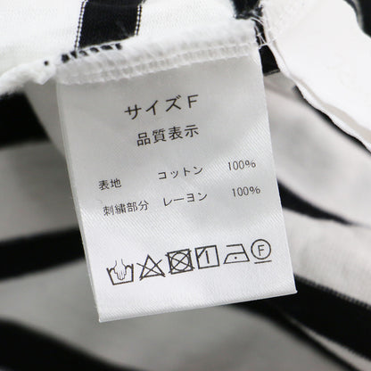 刺繍ボーダーロングスリーブＴ / プルオーバー ラウンドネック ドロップショルダー ワイド ブランドロゴ コットン ウォッシャブル