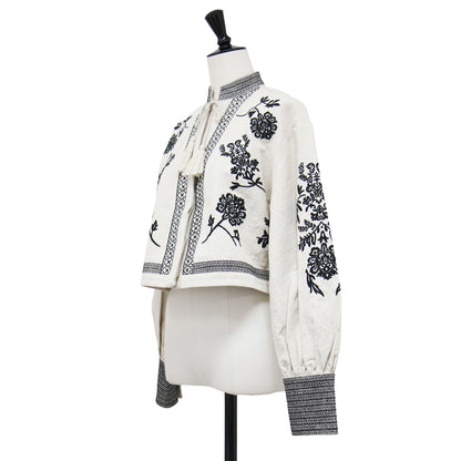 23春夏 メディヴィンテージ フラワーエンブロイダリーシャツ / MEDI VINTAGE FLOWER EMBROIDERY SHIRT プルオーバー ショート丈 厚手 キーネック 長袖 刺繍 タッセル コットン リネン ウォッシャブル