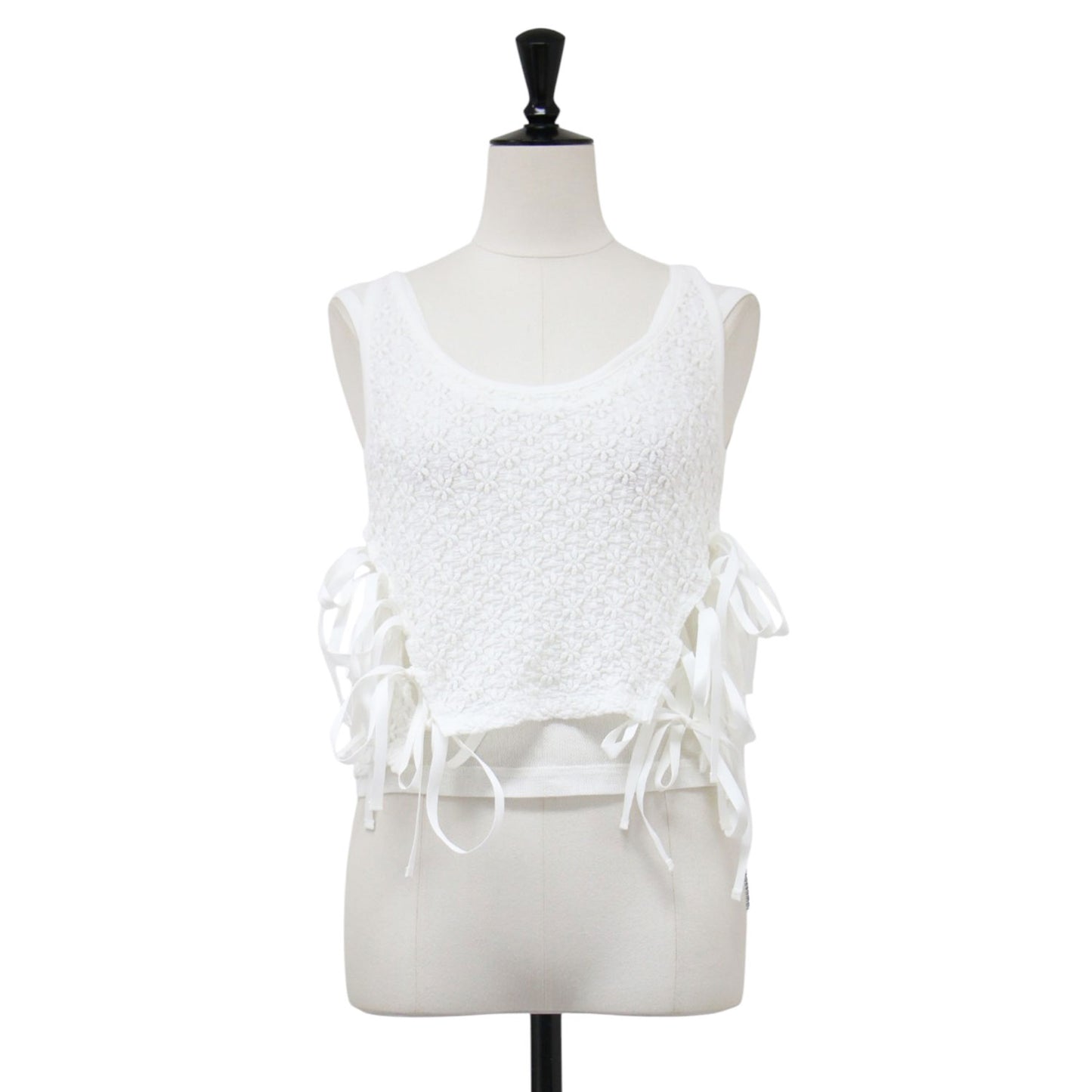 26春夏 ナイロン コットン レース リボン レイヤード タンクトップ / NYLON COTTON FLOWER LACE RIBBON LAYERED TANK TOP ノースリーブ クルーネック