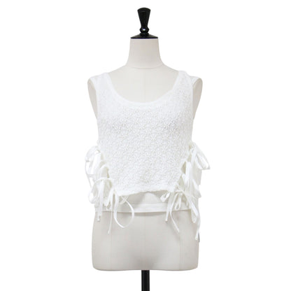 26春夏 ナイロン コットン レース リボン レイヤード タンクトップ / NYLON COTTON FLOWER LACE RIBBON LAYERED TANK TOP ノースリーブ クルーネック