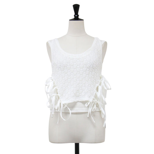26春夏 ナイロン コットン レース リボン レイヤード タンクトップ / NYLON COTTON FLOWER LACE RIBBON LAYERED TANK TOP ノースリーブ クルーネック