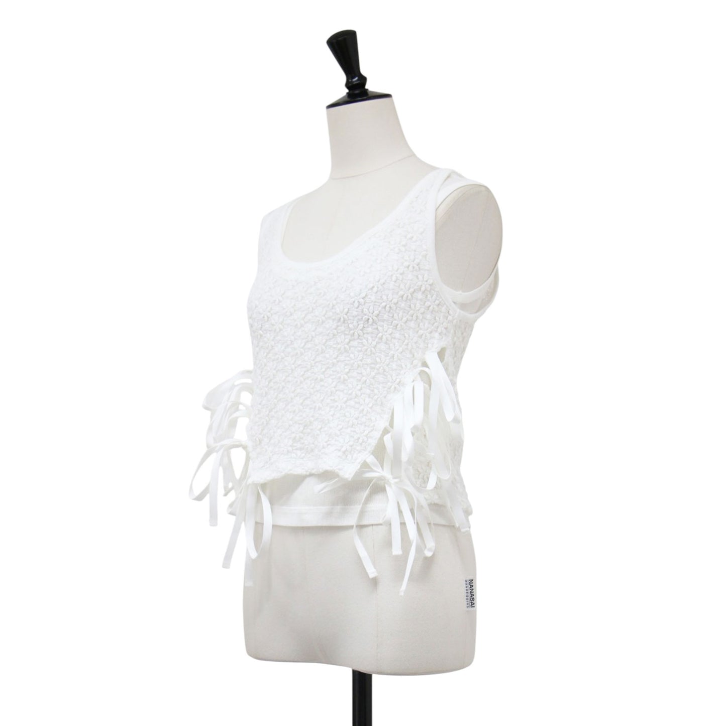 26春夏 ナイロン コットン レース リボン レイヤード タンクトップ / NYLON COTTON FLOWER LACE RIBBON LAYERED TANK TOP ノースリーブ クルーネック