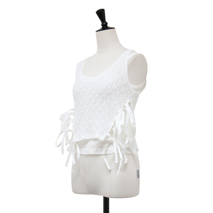 26春夏 ナイロン コットン レース リボン レイヤード タンクトップ / NYLON COTTON FLOWER LACE RIBBON LAYERED TANK TOP ノースリーブ クルーネック