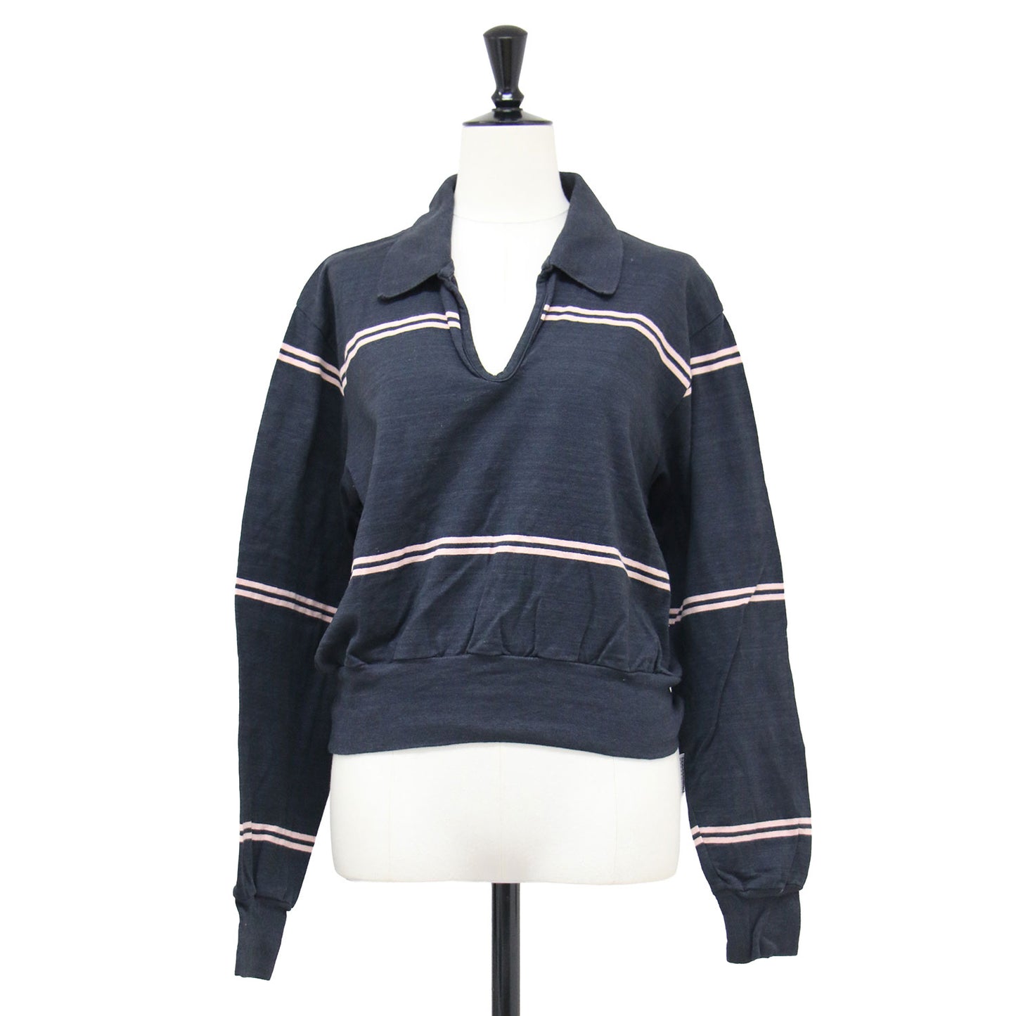 25春夏 スキッパー ボーダー ポロプルオーバー / カットソー 長袖 Vネック クロップド丈 ドロップショルダー コットン