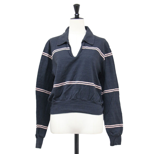25春夏 スキッパー ボーダー ポロプルオーバー / カットソー 長袖 Vネック クロップド丈 ドロップショルダー コットン