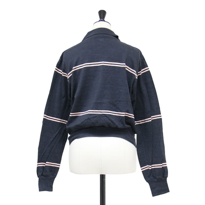 25春夏 スキッパー ボーダー ポロプルオーバー / カットソー 長袖 Vネック クロップド丈 ドロップショルダー コットン