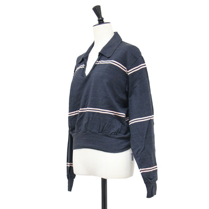 25春夏 スキッパー ボーダー ポロプルオーバー / カットソー 長袖 Vネック クロップド丈 ドロップショルダー コットン