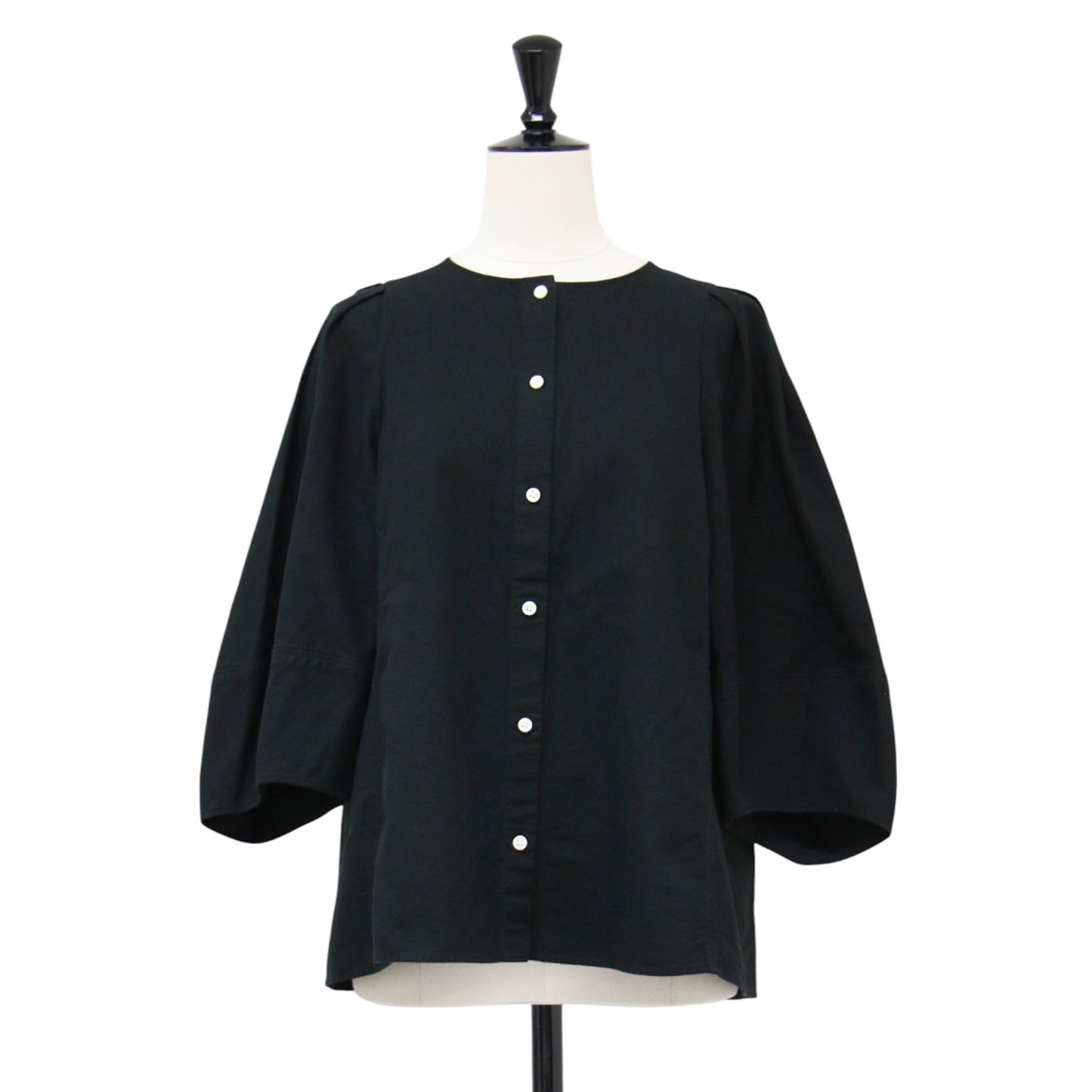 22春夏 パフスリーブ ブラウス / Puff Sleeves 七分袖 クルーネック ノーカラー タック コットン