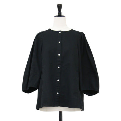 22春夏 パフスリーブ ブラウス / Puff Sleeves 七分袖 クルーネック ノーカラー タック コットン
