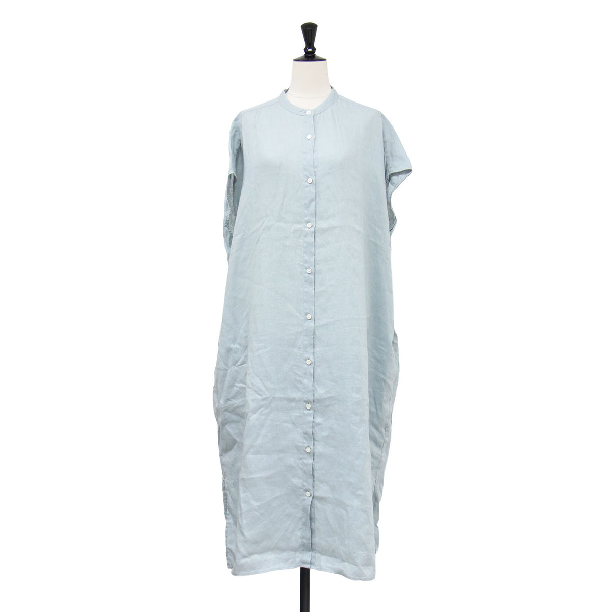 25春夏 リネン フレンチスリーブ シャツワンピース / 半袖 バンドカラー ロング丈 ドロップショルダー スリット