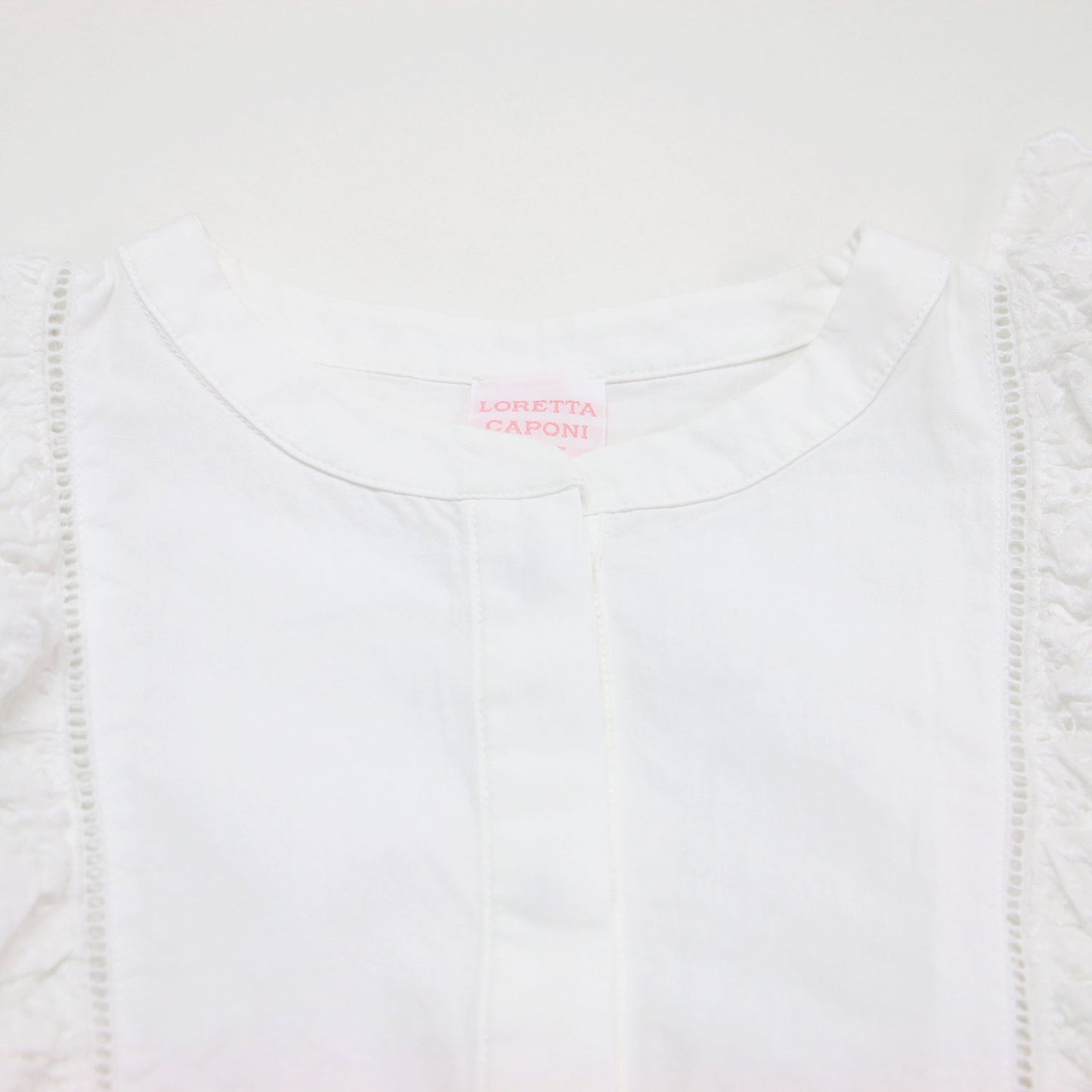 23春夏 レースフリルブラウス / プルオーバー ラウンドネック 半袖 ステッチ 刺繍 花柄 比翼ボタン コットン