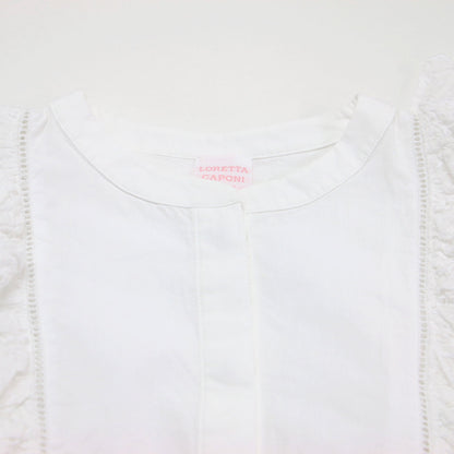 23春夏 レースフリルブラウス / プルオーバー ラウンドネック 半袖 ステッチ 刺繍 花柄 比翼ボタン コットン