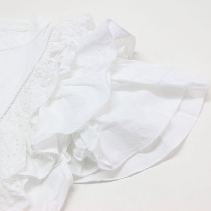 23春夏 レースフリルブラウス / プルオーバー ラウンドネック 半袖 ステッチ 刺繍 花柄 比翼ボタン コットン