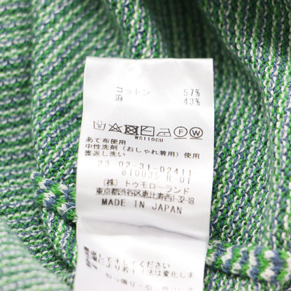 23春夏 ドライカノコ ハーフスリーブカーディガン / 羽織り ミディアム丈 Vネック 五分袖 ラグラン 凹凸 ボーダー 切替え シェルボタン コットン リネン ウォッシャブル