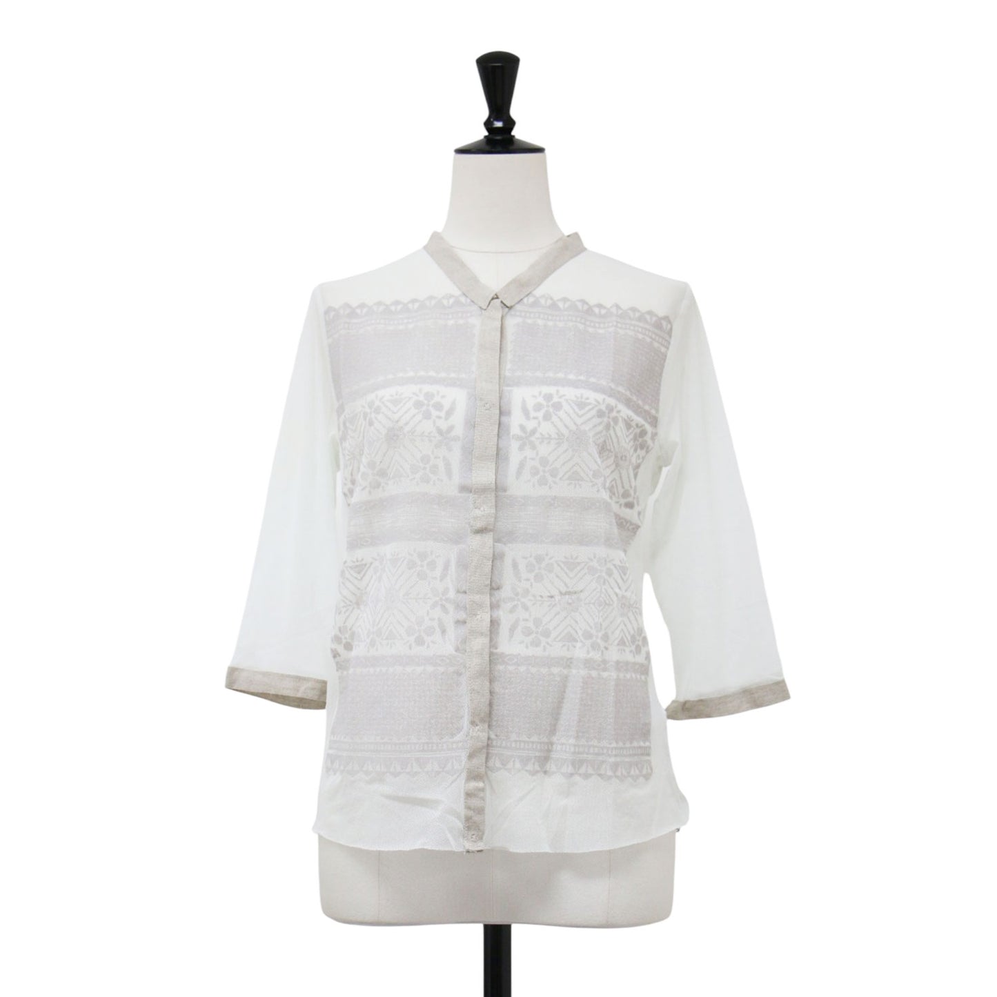 フラワープリント メッシュ カーディガン / MESH CARDIGAN W FLOCK シャツ スタンドカラー 七分袖 シアー フロッキー 花柄 カットオフ スナップボタン ナイロン リネン ウォッシャブル