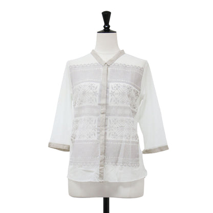 フラワープリント メッシュ カーディガン / MESH CARDIGAN W FLOCK シャツ スタンドカラー 七分袖 シアー フロッキー 花柄 カットオフ スナップボタン ナイロン リネン ウォッシャブル