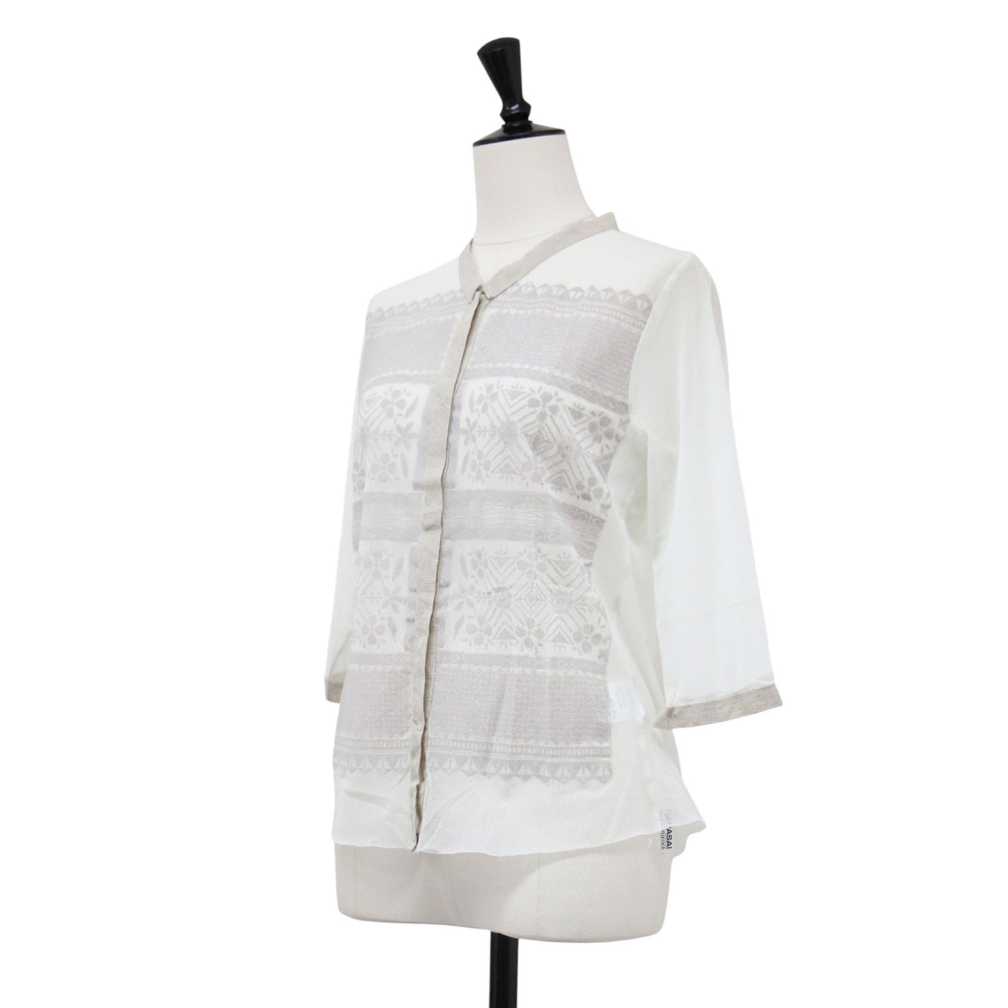 フラワープリント メッシュ カーディガン / MESH CARDIGAN W FLOCK シャツ スタンドカラー 七分袖 シアー フロッキー 花柄 カットオフ スナップボタン ナイロン リネン ウォッシャブル