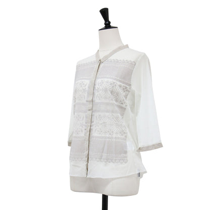 フラワープリント メッシュ カーディガン / MESH CARDIGAN W FLOCK シャツ スタンドカラー 七分袖 シアー フロッキー 花柄 カットオフ スナップボタン ナイロン リネン ウォッシャブル