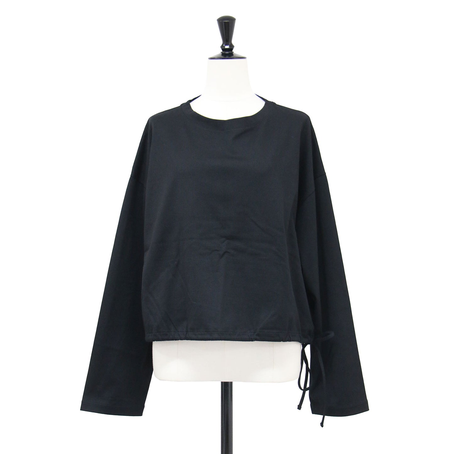 裾シャーリングロングスリーブＴシャツ / プルオーバー ショート丈 オーバーサイズ クルーネック 長袖 ドロップショルダー ドローコード コットン ウォッシャブル