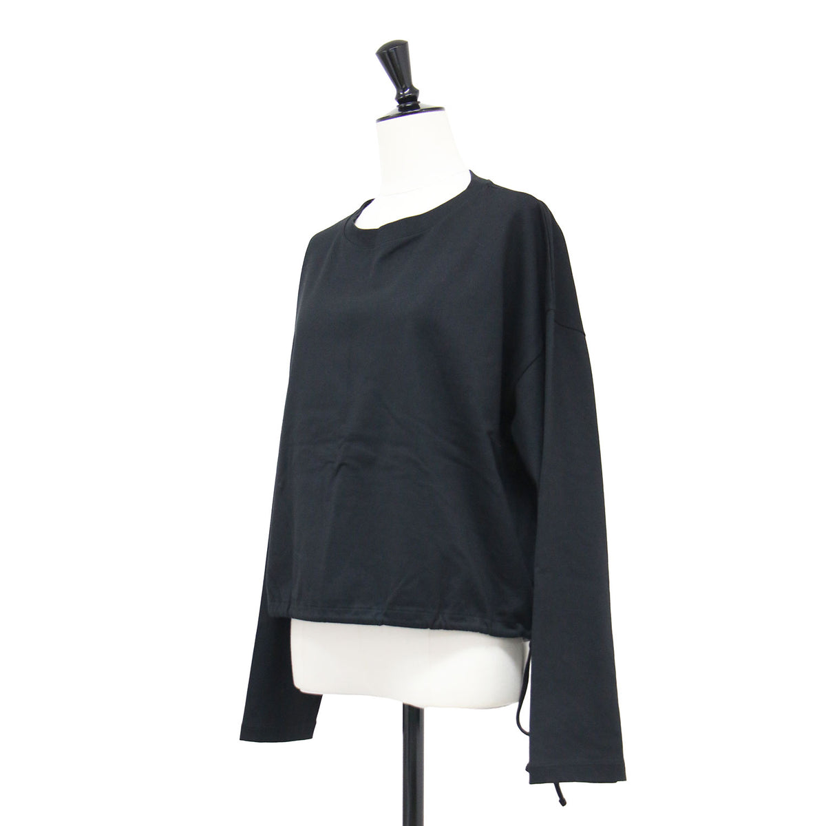裾シャーリングロングスリーブＴシャツ / プルオーバー ショート丈 オーバーサイズ クルーネック 長袖 ドロップショルダー ドローコード コットン ウォッシャブル