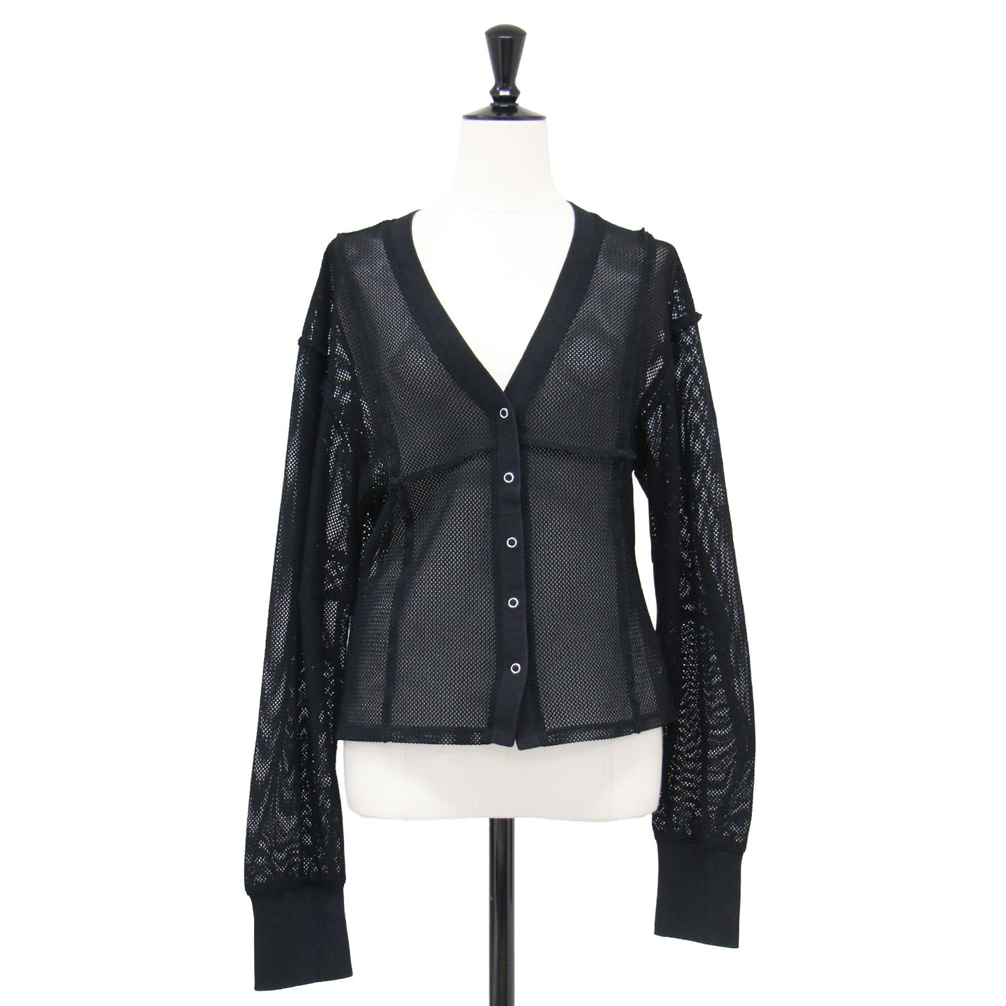 メッシュ Vネック カーディガン / Mesh Cardigan ショート丈 長袖 リブ スナップボタン