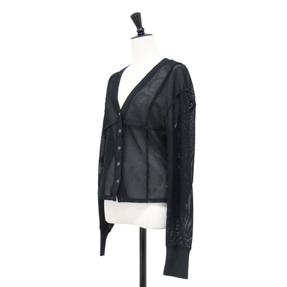 メッシュ Vネック カーディガン / Mesh Cardigan ショート丈 長袖 リブ スナップボタン