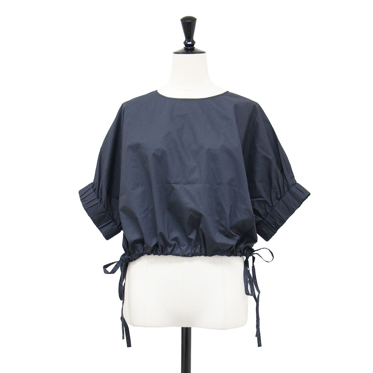 25春夏 ショート丈 半袖 プルオーバー ブラウス / LEMON-POPLIN クルーネック ギャザー ドロスト コットン