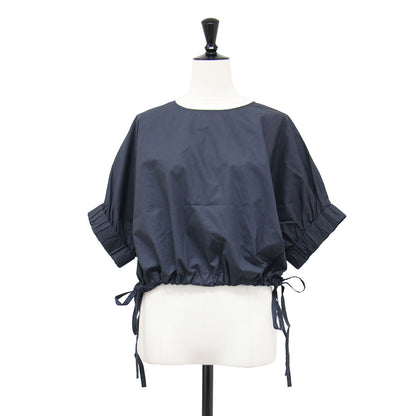 25春夏 ショート丈 半袖 プルオーバー ブラウス / LEMON-POPLIN クルーネック ギャザー ドロスト コットン