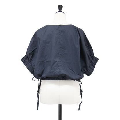 25春夏 ショート丈 半袖 プルオーバー ブラウス / LEMON-POPLIN クルーネック ギャザー ドロスト コットン